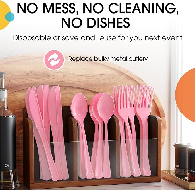 Party Solids Pink Plastic Silverware Heavy Duty 300 Pieces Pink Plastic Cutlery Sets, Utensil Sets, 100 Of Each Forks, Knives & Spoons Disposable Cutlery Set, Flatware Set For Party Supplies