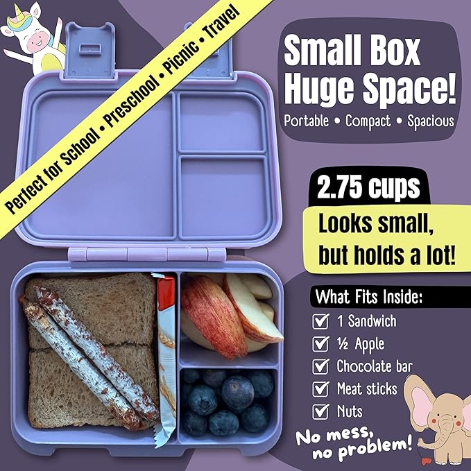 BEARFOOT Kids Lunch Box with Compartments – Compact & Lightweight | Leak-Proof, BPA-Free, Dishwasher & Microwave Safe | Hand-Drawn Design for Preschool, School, Travel (Purple, 2.75 Cups)