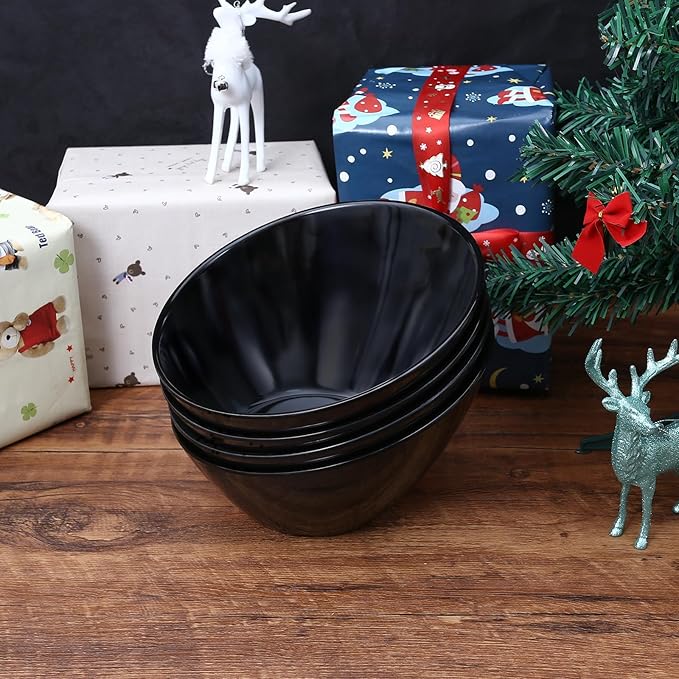 TP Salad Bowls Set of 4, 26 oz Melamine Serving Bowls for Pasta, Cereal, and Snacks, Lightweight and Durable, Dishwasher Safe, Black Bowls for Restaurant, Kitchen, Daily Use