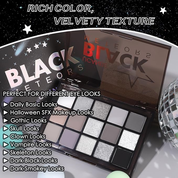UCANBE Smokey Black Eyeshadow Palette, 15 Colors Dark Shimmer Matte Metallic Makeup Pallet, High Pigmented Gray Silver Sombras De Ojos Kit for Daily and Halloween-BrightBean Baby