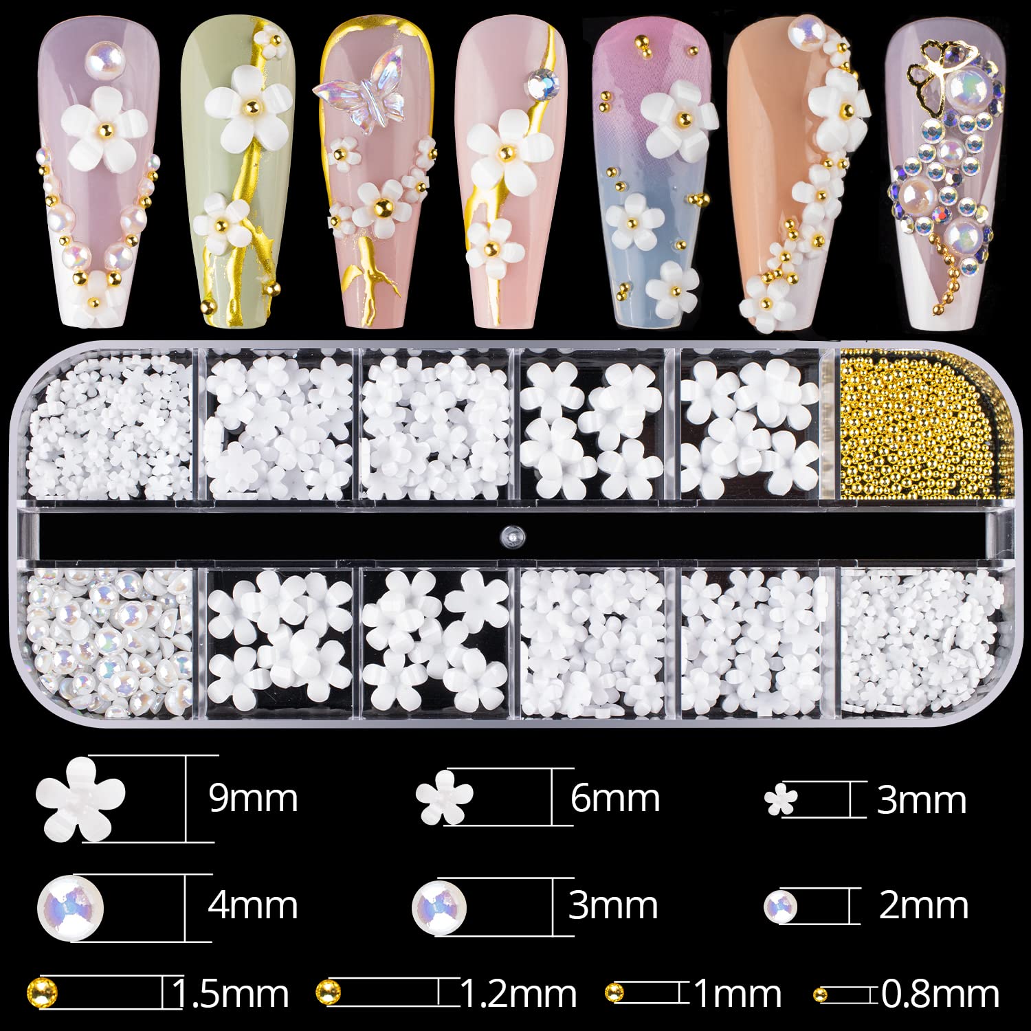 Mixed 3D Nail Art Gem Decoration Accessories Kit #6, Butterfly Starry AB Rhinestone Charm Jewelry for Deco, Pearl Flower Caviar Bead Stone Crystal with Dual-End Brush and Tweezer-BrightBean Baby