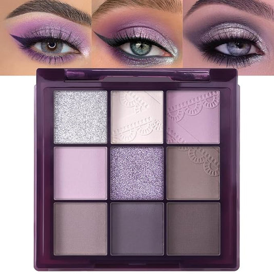 Erinde 9 Colors Eyeshadow Palette, Matte Shimmer Glitter Eye Shadow Palette Makeup, Highly Pigmented Long Lasting Waterproof, Natural Neutral Nude Eyeshadow Make Up Pallet, Purple Dreamscape-BrightBean Baby