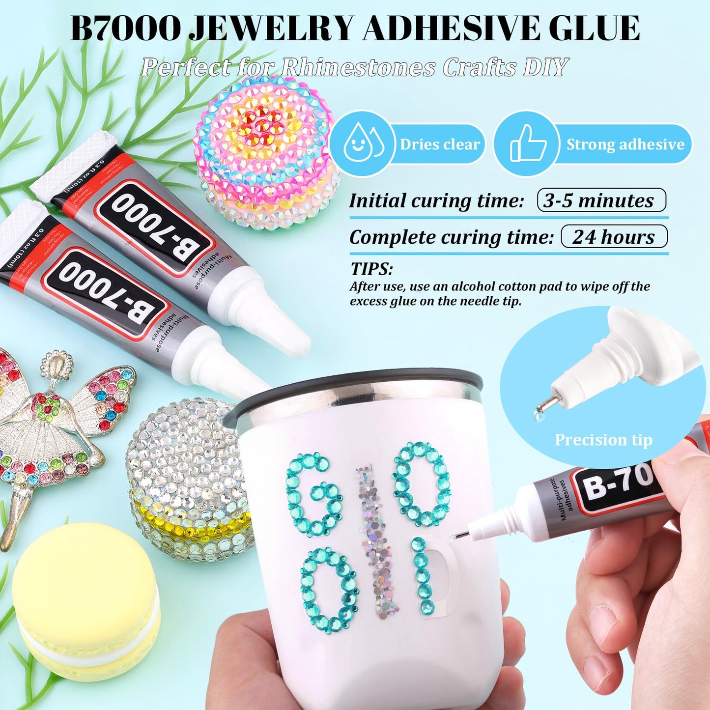 6000Pcs Resin Rhinestones for Bedazzling with 3Pcs B7000 Jewelry Glue, 1 Box Aquamarine Flatback Rhinestones for Crafting Crafts DIY, Crystals Gems for Clothing Shoes Tumblers Nail Art Makeup-BrightBean Baby