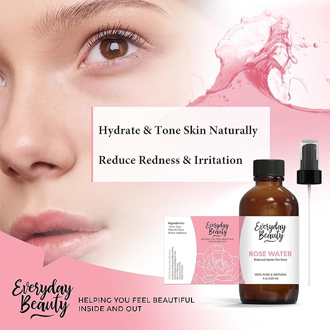 Rose Water Facial Toner - Alcohol-Free Vegan All Natural Refreshing Spray Mist for Face and Hair - Uplifts, Calming & Soothing for All Skin Types 4oz with Fine Mist Cap-BrightBean Baby