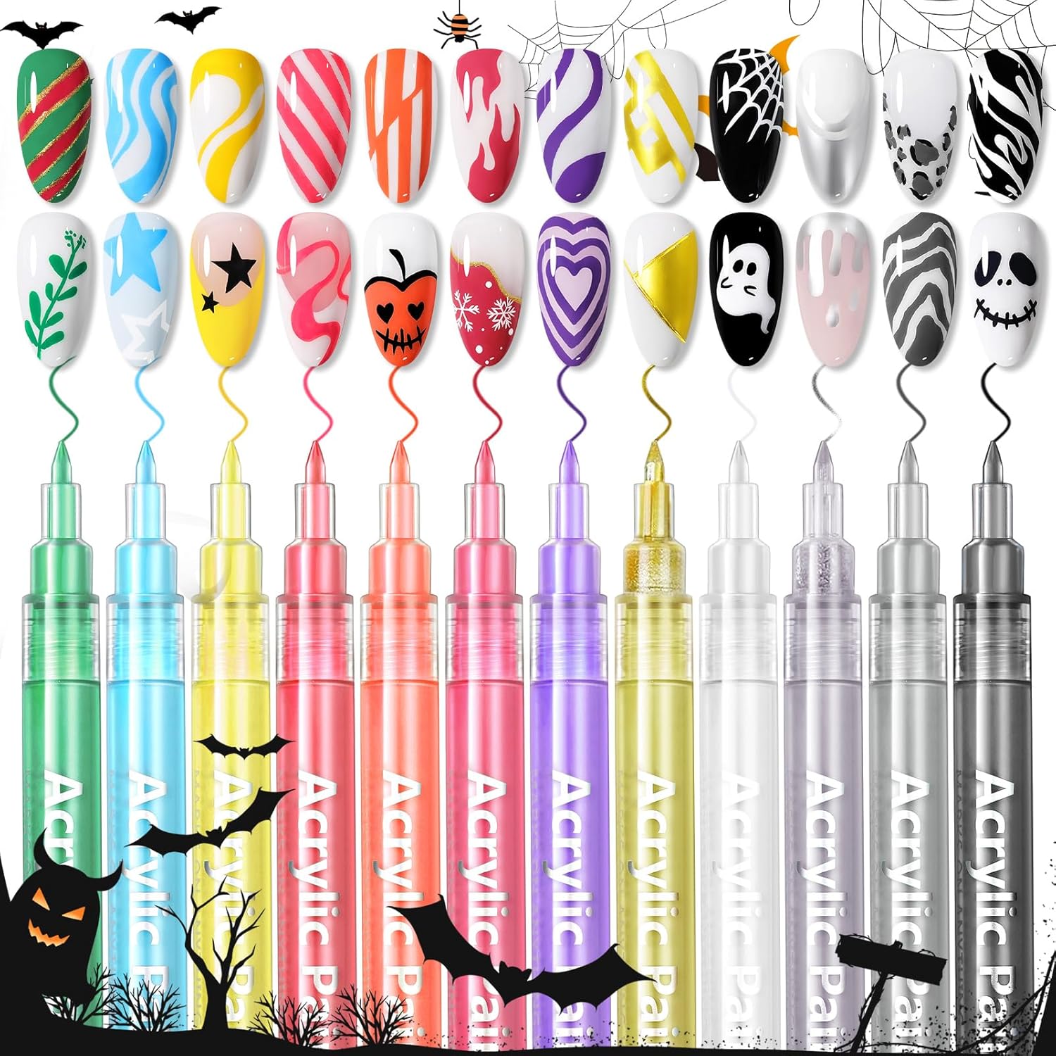 Born Pretty 12 Colors Nail Art Pens Set, Halloween Black White Orange Purple Colors 3D Acrylic Nail Polish Pens Quick Dry Nail Markers for Halloween Drawing Painting Dotting Pen DIY Manicure Tools-BrightBean Baby