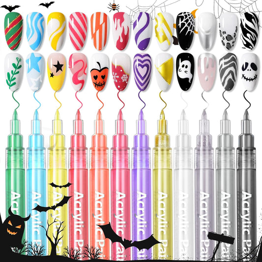 Born Pretty 12 Colors Nail Art Pens Set, Halloween Black White Orange Purple Colors 3D Acrylic Nail Polish Pens Quick Dry Nail Markers for Halloween Drawing Painting Dotting Pen DIY Manicure Tools-BrightBean Baby