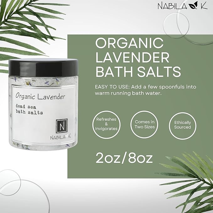 Organic Lavender Bath Salts by Nabila K - Dead Sea Salt & Epsom Salt Scrub & Soak - Exfoliates & Hydrates Skin, Botanical Essential Oils - Bubble Bath Accessories for All Skins Types, 8 oz-BrightBean Baby
