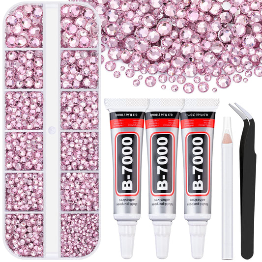 6000Pcs Resin Rhinestones for Bedazzling with 3Pcs B7000 Jewelry Glue, 1 Box Light Pink Flatback Rhinestones for Crafting Crafts DIY, Crystals Gems for Clothing Shoes Tumblers Nail Art Makeup-BrightBean Baby