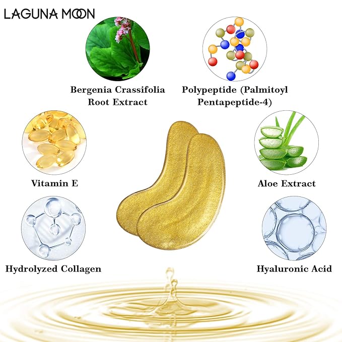 24K Gold Eye Mask, Anti-Aging Hydrolyzed Collagen and Hyaluronic Acid Under Eye Patches for Puffy Eyes & Bags, Dark Circles and Wrinkles, 16 pairs-BrightBean Baby