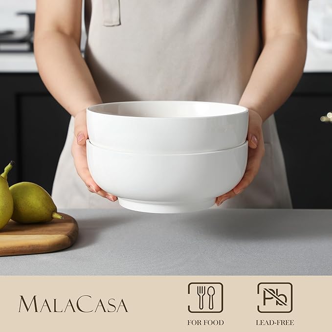 MALACASA Large Serving Bowls - 60 OZ (8") Salad Bowls Set of 2, White Mixing Bowls for Kitchen, Soup, Pasta and Dinner, Large Salad Bowls Set, Dishwasher & Oven Safe, Series REGULAR