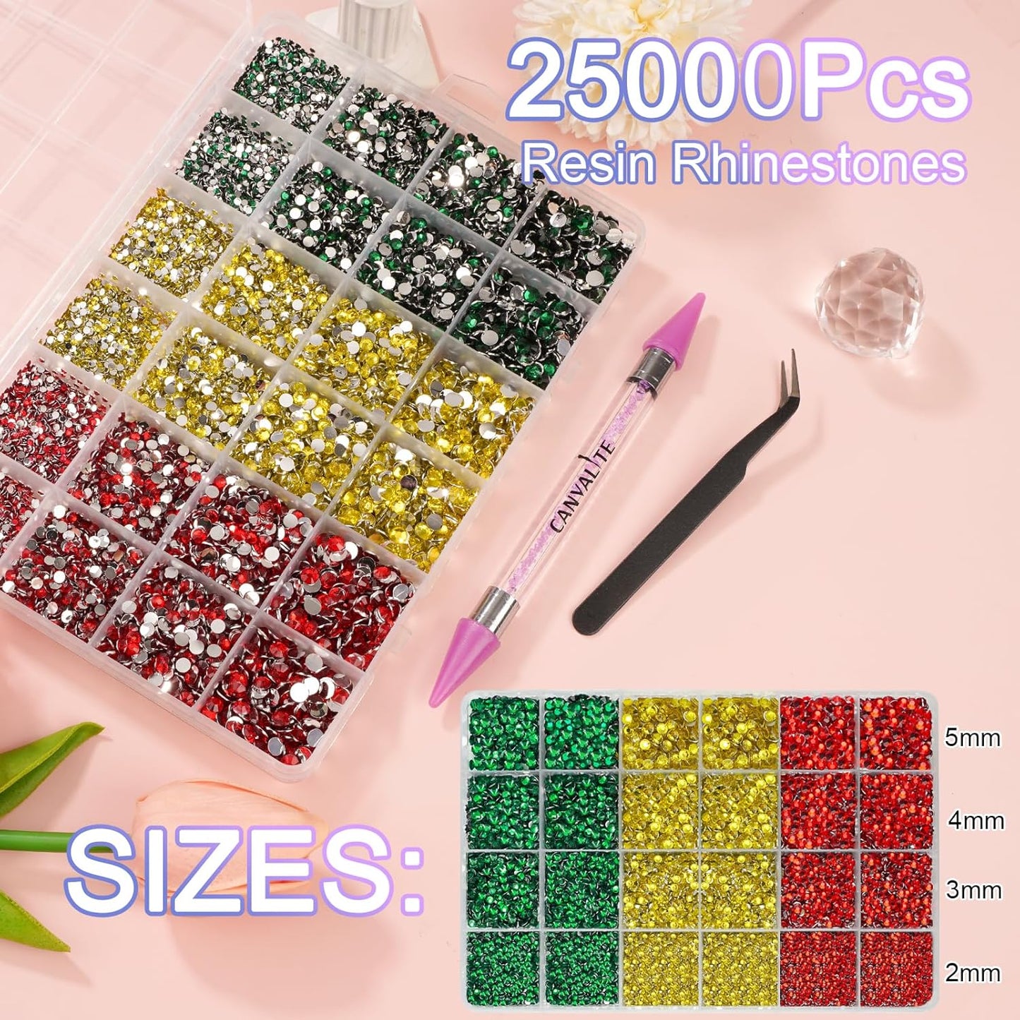 Canvalite 25000PCS Resin Jelly Rhinestones for Crafting, Christmas Flatback Gems, Bedazzling Crystal with 5x2.5g B7000 Jewelry Glue and Tweezers Dotting Pen for DIY Crafts Clothing Shoes Nail Art-BrightBean Baby
