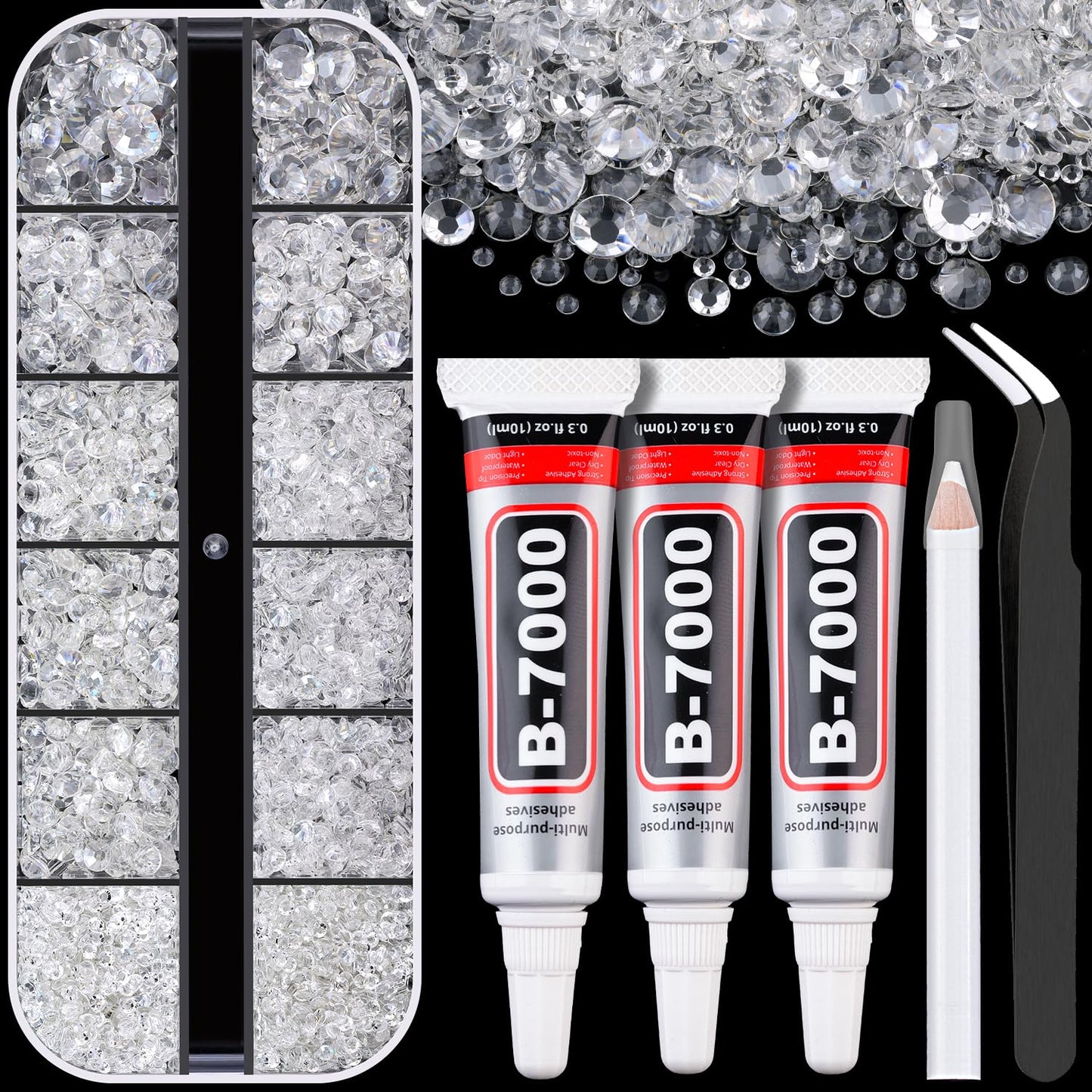 Resin Rhinestones for Crafting with B7000 Jewelry Glue, 1 Box Transparent Flatback Crystals with 3Pcs 10ml Glue for Bedazzling Crafts DIY Nail Art Makeup，Non Hotfix Gems for Clothing Shoes-BrightBean Baby