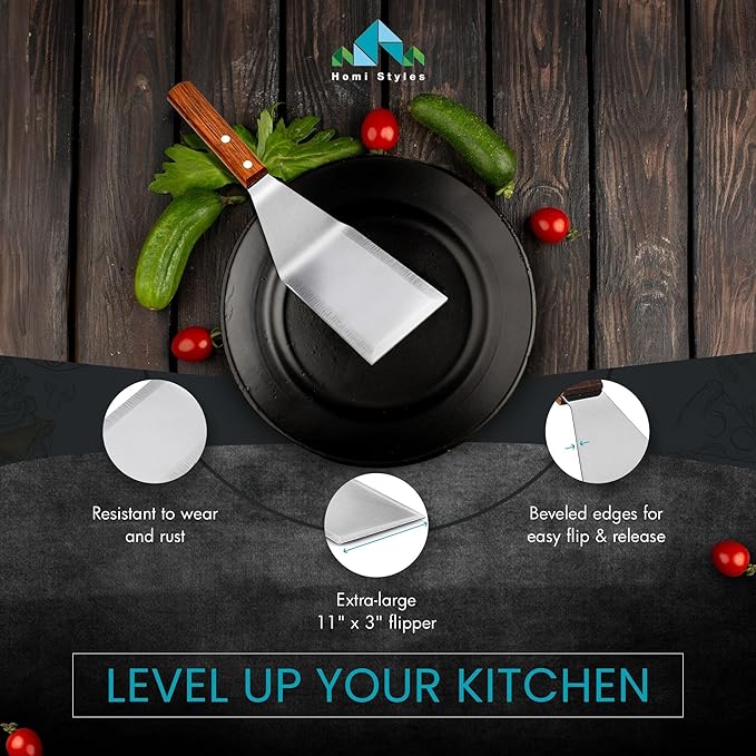 Homi Styles Metal Spatula Beveled Edges, Stainless Steel Grill Spatula with Wood Handle for Skillets, Griddles & Pancake Flipper for Burgers, Omelet, and Versatile for Culinary Task, 11 x 3 inches