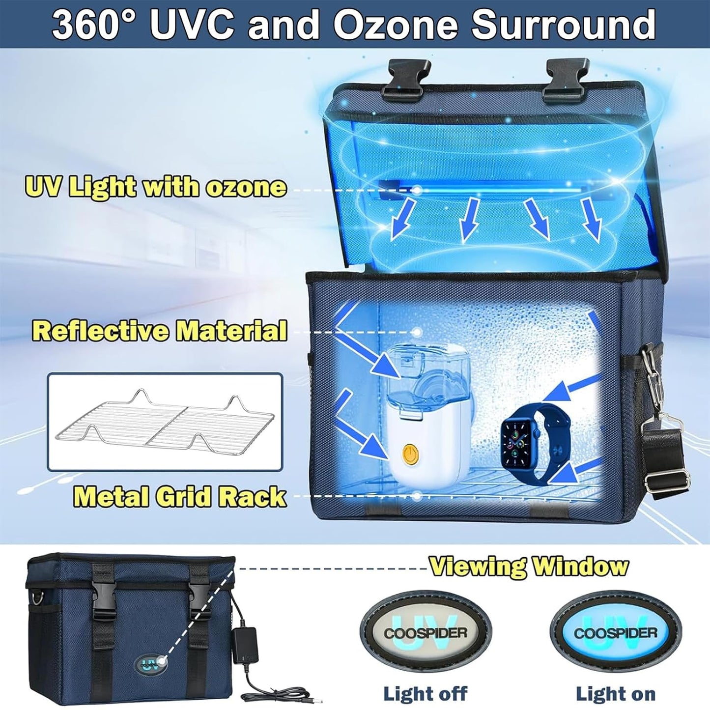 UVC Sanitizer Ozone Box with Timer, Foldable Large Cleaner UV Bag w/strap and USB Port, Portable UVC Light Tote 185nm wavelength for Mask, Cell Phone, Key, Towel 12L/3.17 gal-BrightBean Baby