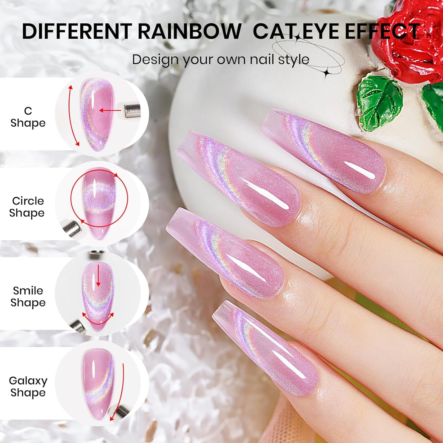 Pink Rainbow Cat Eye Gel Nail Polish Glitter Holographic Gel Polish with Magnetic Stick for a Glittery Iridescent Galaxy Effect Soak Off UV Lamp Perfect for Nail Art & DIY Manicures at Home-BrightBean Baby