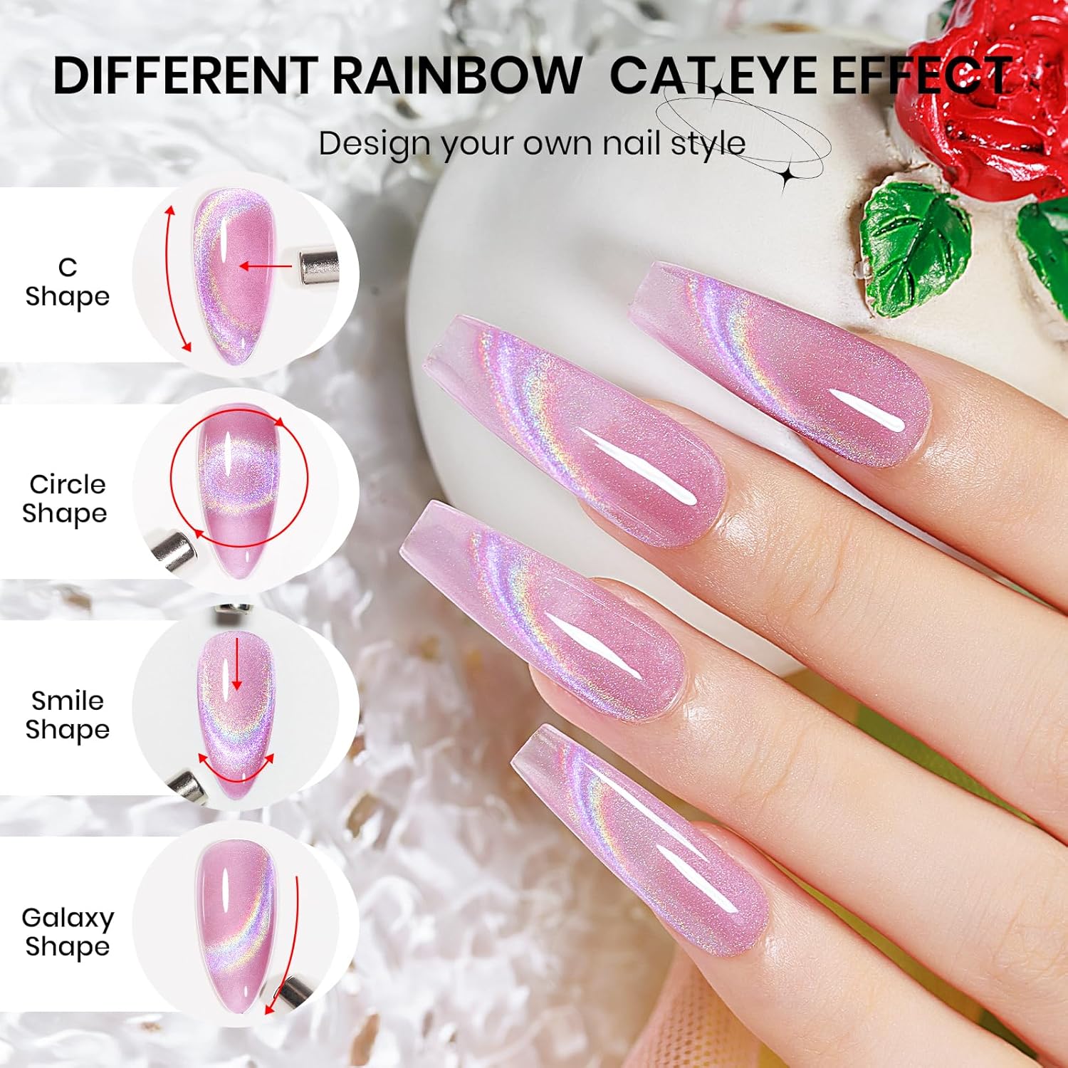 Pink Rainbow Cat Eye Gel Nail Polish Glitter Holographic Gel Polish with Magnetic Stick for a Glittery Iridescent Galaxy Effect Soak Off UV Lamp Perfect for Nail Art & DIY Manicures at Home-BrightBean Baby