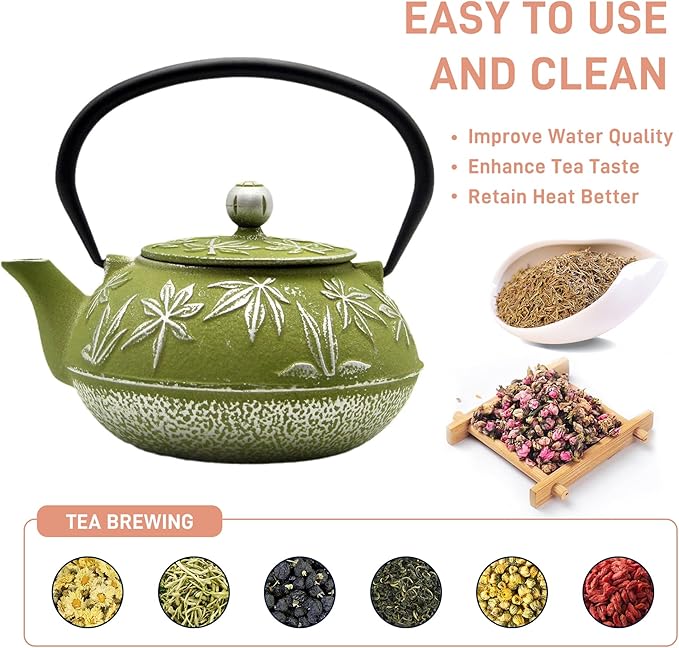 Cast Iron Teapot Tea Kettle with Stainless Steel Infuser for Stovetop Safe Coated with Enameled Interior Japanese Tetsubin with Maple Leaves Pattern(30.4oz/900ml) (Color-2)