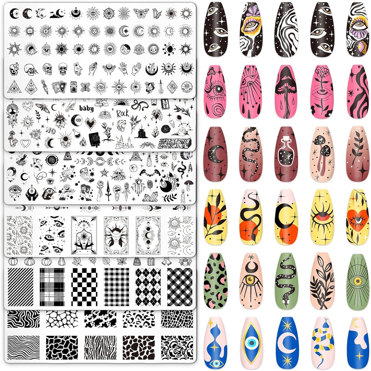 Whaline 6Pcs Gothic Halloween Nail Plates Stamping Set Skull Evil Eye Moon Stamp Templates Halloween Nail Art Plates for DIY Print Manicure Salon Design-BrightBean Baby