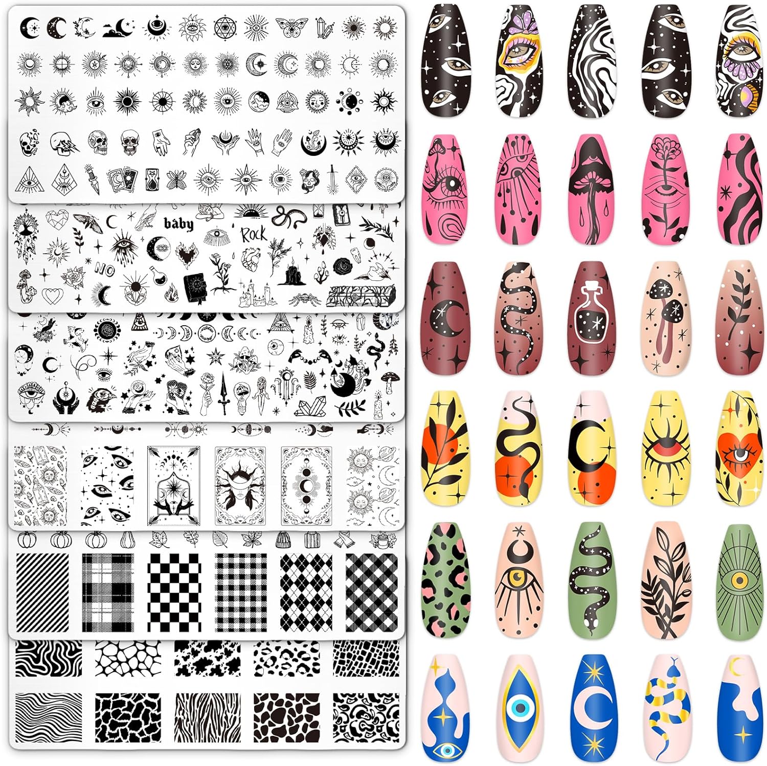 Whaline 6Pcs Gothic Halloween Nail Plates Stamping Set Skull Evil Eye Moon Stamp Templates Halloween Nail Art Plates for DIY Print Manicure Salon Design-BrightBean Baby