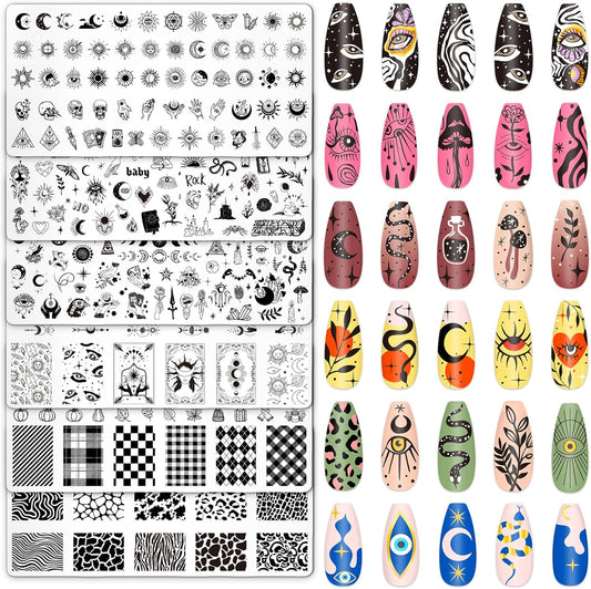 Whaline 6Pcs Gothic Halloween Nail Plates Stamping Set Skull Evil Eye Moon Stamp Templates Halloween Nail Art Plates for DIY Print Manicure Salon Design-BrightBean Baby
