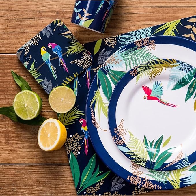 Portmeirion Sara Miller Parrot Melamine Side Plates, Set of 4 - Colorful Tropical Design & Gold Detailing - 8" BPA-Free Shatterproof Salad Tableware for Indoor & Outdoor Dining - Giftable Summer Plate