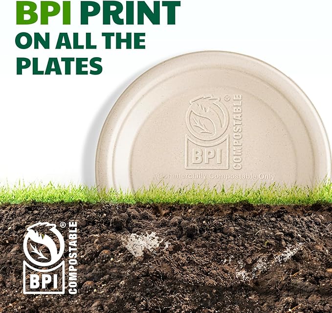 100% Compostable Paper Plates, 10 Inch, 125 Count, Biodegradable Bagasse Plates, Heavy Duty Disposable Plates Bulk for Party | Microwave-Safe | Soak-Resistant, Cut Resistant