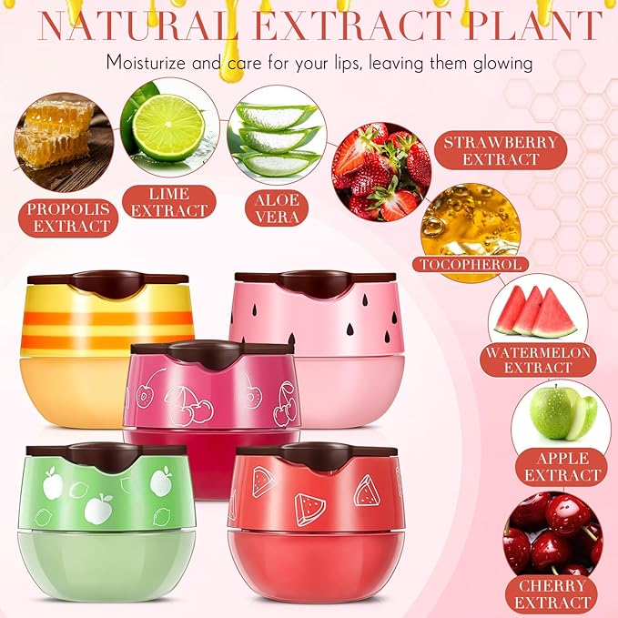 12 Pcs Bee Lip Balm Honey Pot with Brush Propolis Lip Mask Overnight, Moisturizing Hydrating Lip Sleeping Mask Prevention Dry and Cracked(Honey+Strawberry+Watermelon+Apple Lime+Cherry)-BrightBean Baby