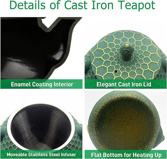 YJX Cast Iron Teapot and Cups Set, 33.8oz Hexagon Pattern Tea Pot Enameled Interior, Tea Kettle for Stovetop, Japanese Teapot Set with Teacups for Adults, Green Kettle with Infuser for Loose Leaf