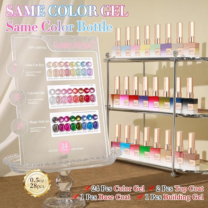 Double Rhythm 28Pcs 0.5Oz Glass Cat Eye Gel Nail Polish Set Same Color Same Bottle Soak Off Magnetic Jelly Gel Polish Kit Nail Art Manicure Salon DIY at Home (Nude Pink Blue Green-T24-10)-BrightBean Baby
