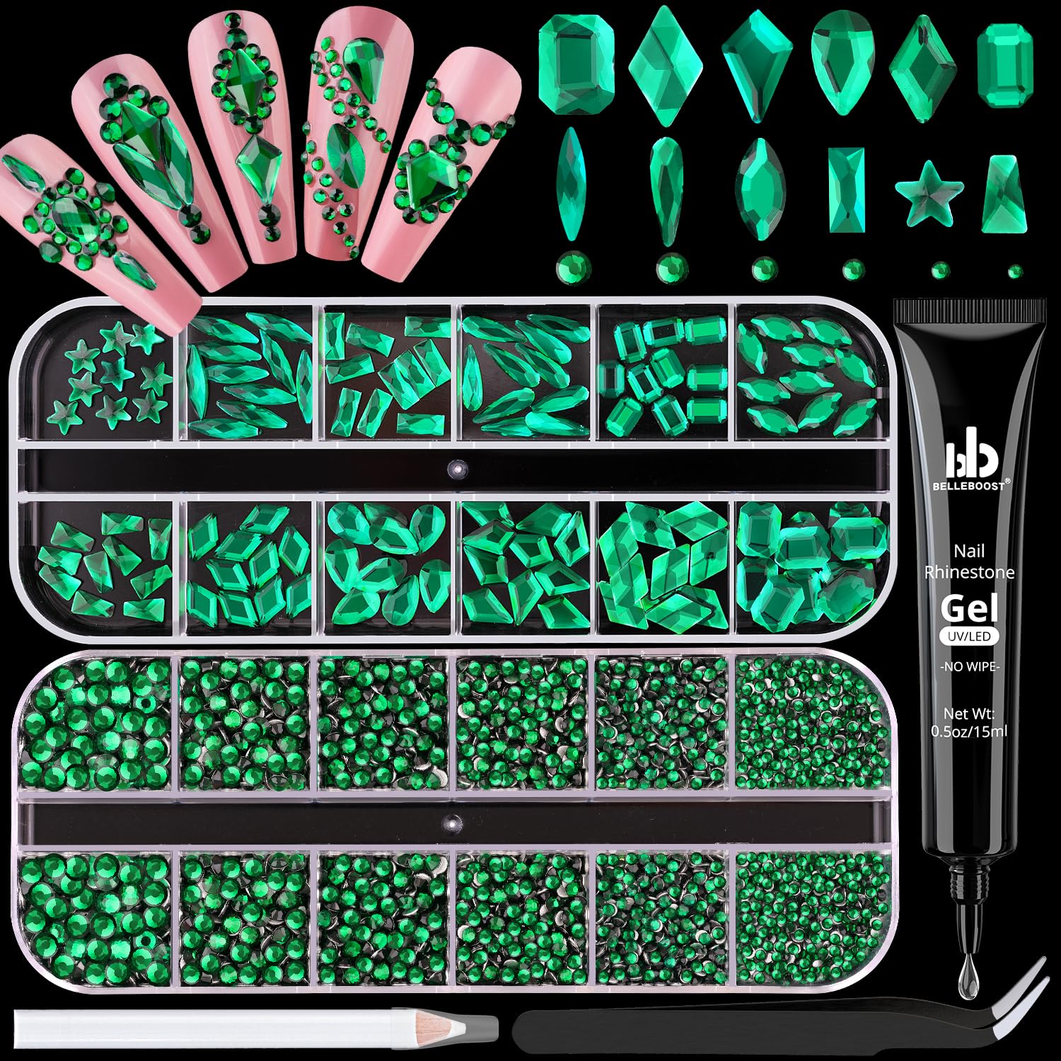 3220Pcs Emerald Green Glass Nail Rhinestones 120Pcs Multi Shapes Flatback Nail Gems +3100Pcs 1.5-4mm Round Crystal with Rhinestones Glue Gel, Manicure Nail Charms Diamond Gemstones for Nail Art-BrightBean Baby