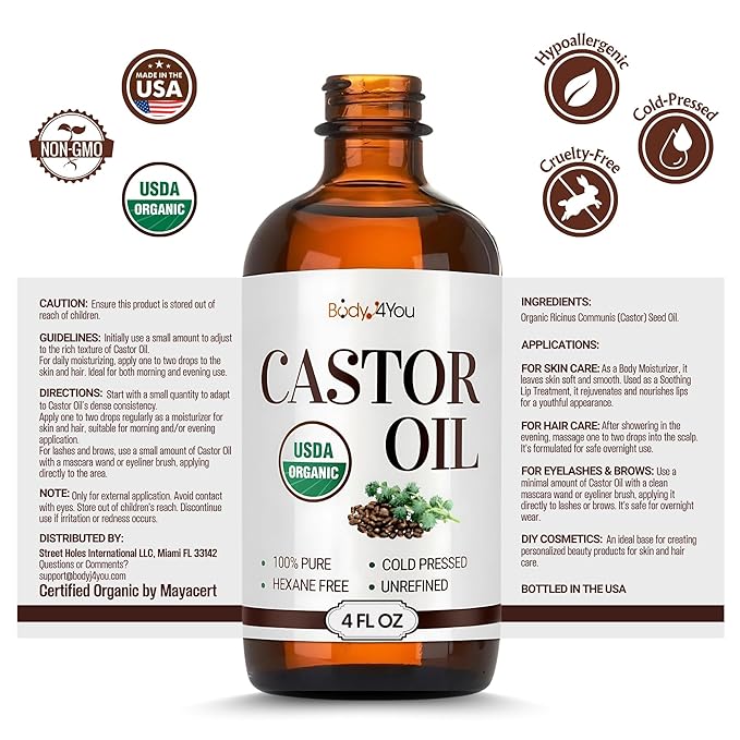 Organic Castor Oil (4oz) - 100% Pure Natural Cold-Pressed Hexane-Free USDA Certified - Glass Bottle - Hair Growth Oil for Scalp Eyelashes Face Skin - Dry Skin Moisturizer Natural Hair Care-BrightBean Baby