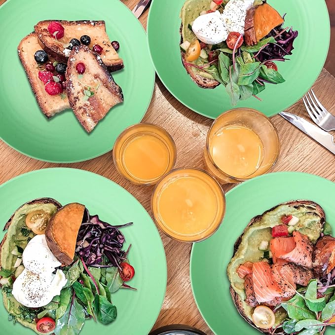 Wrova Wheat Straw Plates - 9 Inch Unbreakable Dinner Plates Set of 8 - Dishwasher & Microwave Safe Plastic Plates Reusable for Kitchen and Camping (Light Green)