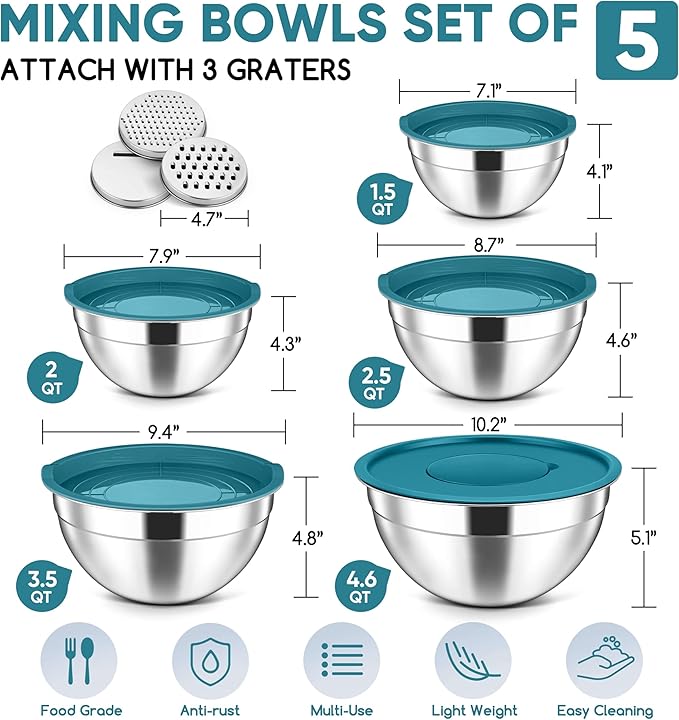 Herogo 5-Piece Mixing Bowls with Lids, 3 Grater Attachments, Stainless Steel Salad Bowls for Kitchen, Size 4.6, 3.5, 2.5, 2, 1.5QT Ideal for Baking, Prepping, Mixing and Serving, Blue