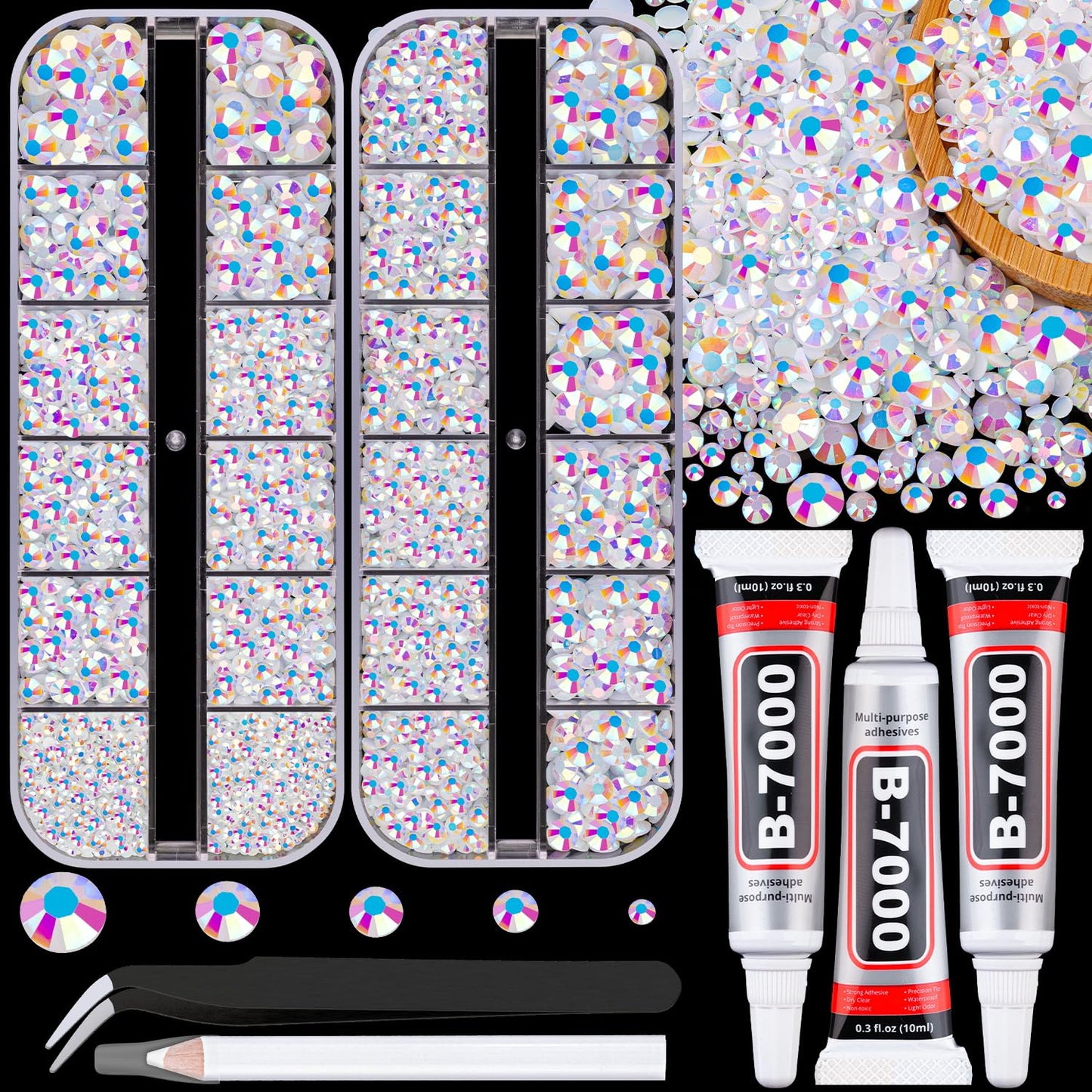 Resin Jelly Rhinestones for Crafting with B7000 Jewelry Glue, 2 Boxes White AB Flatback Crystals with 3Pcs 10ml Glue, Bedazzling Non Hotfix Gems for DIY Tumblers Clothing Shoes Manicure-BrightBean Baby