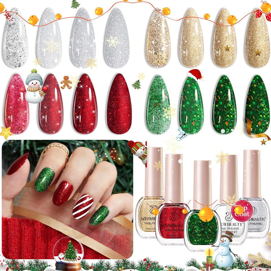 AZUREBEAUTY Nail Polish Set, 4 Colors Christmas Glitter Red Green Gold Silver Quick Dry Natural Fingernail Lacquer Strengthening Treatment Kit with Top Coat DIY Salon at Home-BrightBean Baby