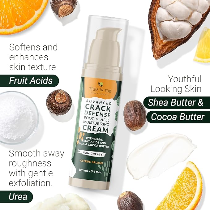 Tree to Tub Foot Cream for Dry Cracked Heels and Feet - Foot Lotion for Dry Cracked Feet, Non-Greasy Moisturizer Urea Cream w/Softening Shea Cocoa Butter, Citrus Foot Care for Women & Men-BrightBean Baby