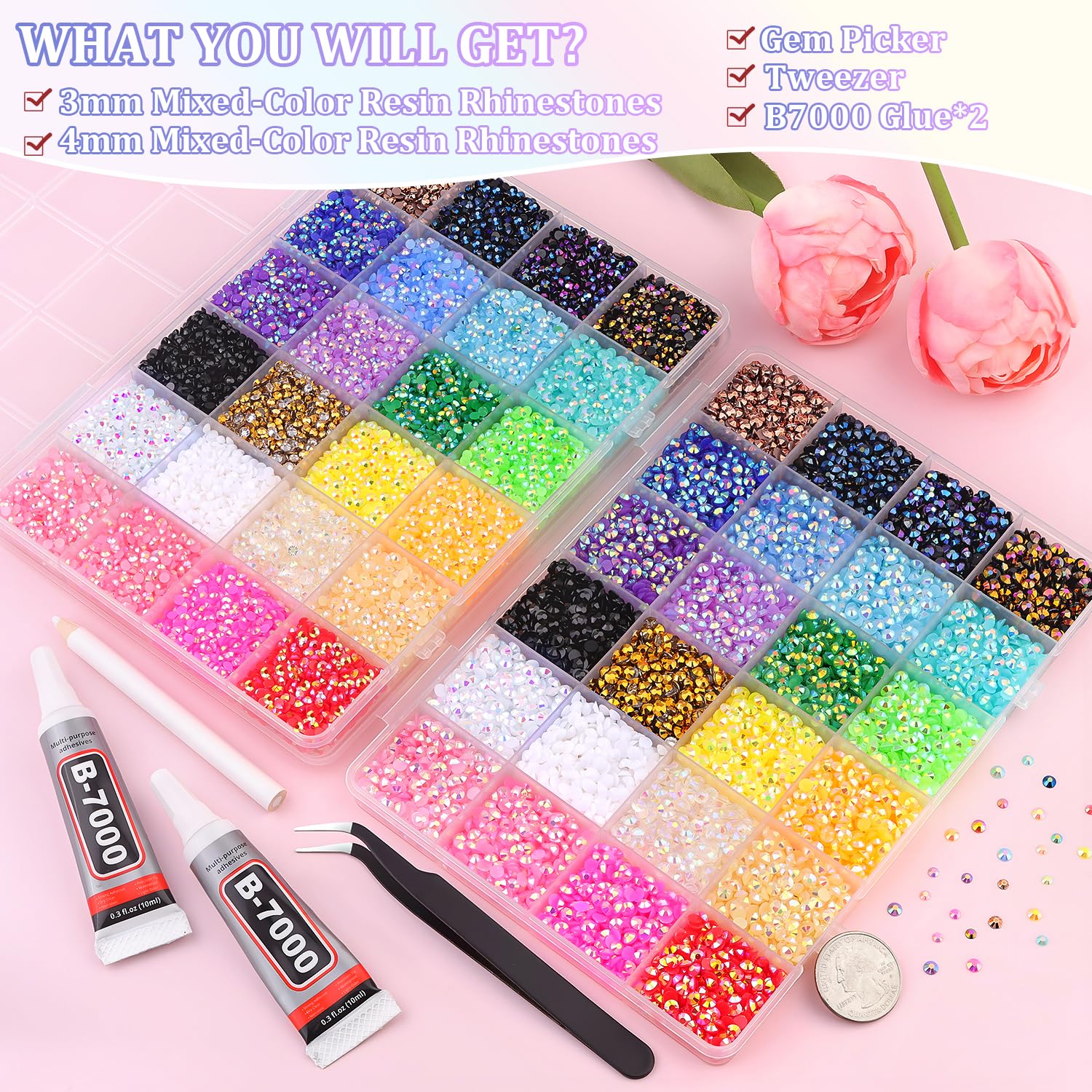 2 Boxes Jelly Rhinestones for Bedazzling, 36600Pcs 3mm & 4mm Multicolor Flatback Resin Gems for Crafting, Bedazzler Kit with 2Pcs 10ml B7000 Jewelry Glue for DIY Crafts Book Fabric Decor Nail Art-BrightBean Baby