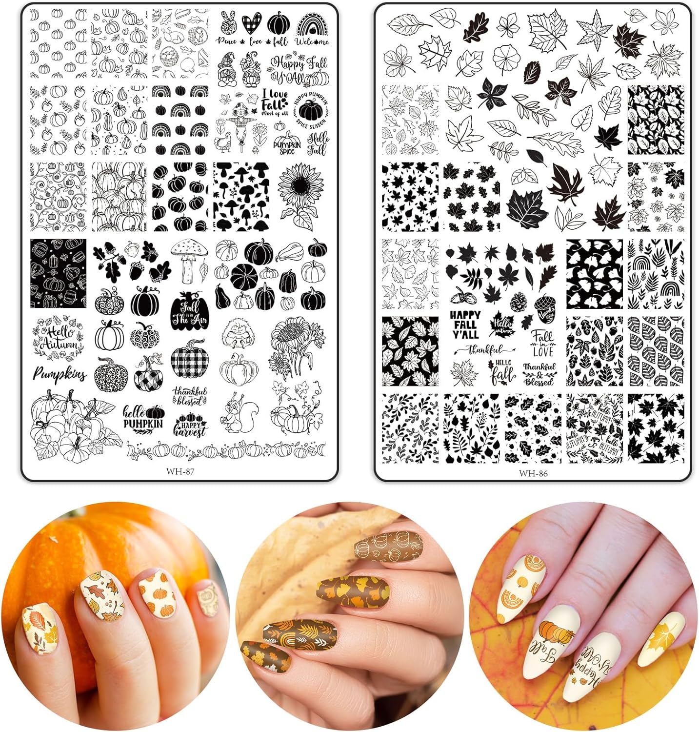 2 Sheet Fall Thanksgiving Nail Art Stamping Plate Kit Assorted Pumpkins Maple Leaves Autumn Blessing Collection Nail Art Plate for Holiday DIY Print Manicure Salon, 5.7 x 3.7inch-BrightBean Baby