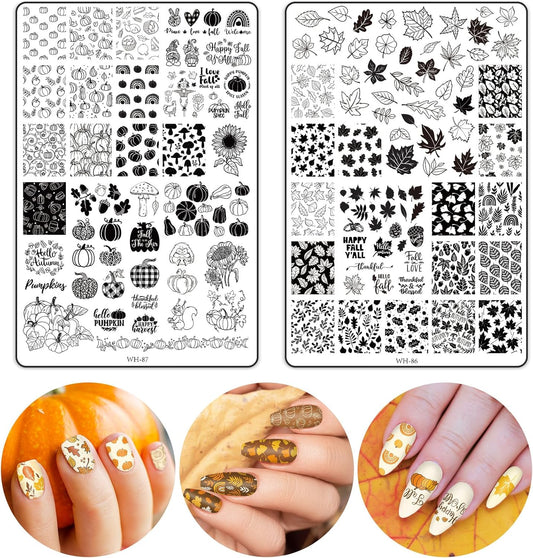 2 Sheet Fall Thanksgiving Nail Art Stamping Plate Kit Assorted Pumpkins Maple Leaves Autumn Blessing Collection Nail Art Plate for Holiday DIY Print Manicure Salon, 5.7 x 3.7inch-BrightBean Baby