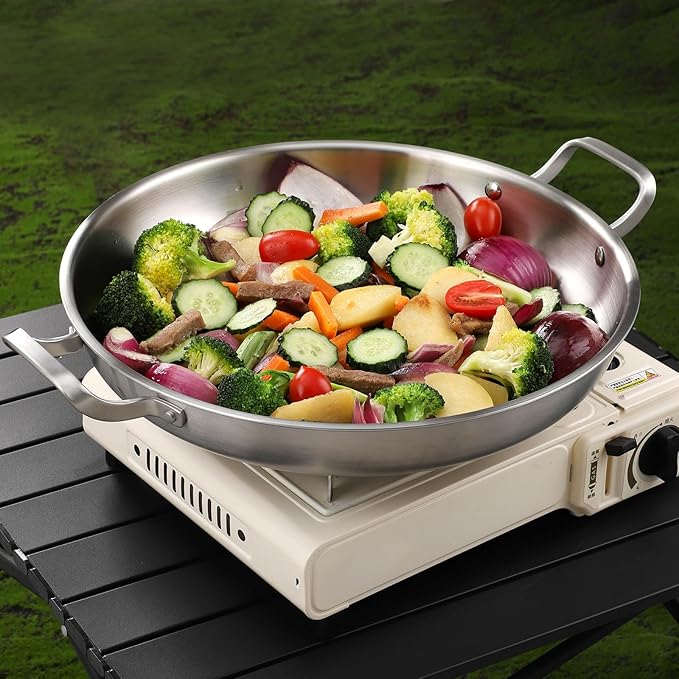 DELARLO 13" Tri-Ply Stainless Steel Paella Pan with Lid