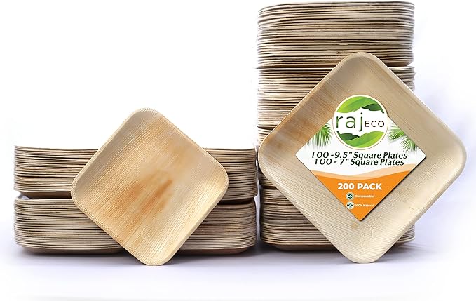 Raj Palm Leaf Plates Plates like Bamboo plates Disposable, Decorative Compostable Tableware for wedding, Lunch, Dinner, Birthday, Camping, Outdoor BBQ, Picnic (9.5"x100 7"x100 (200 Pack))