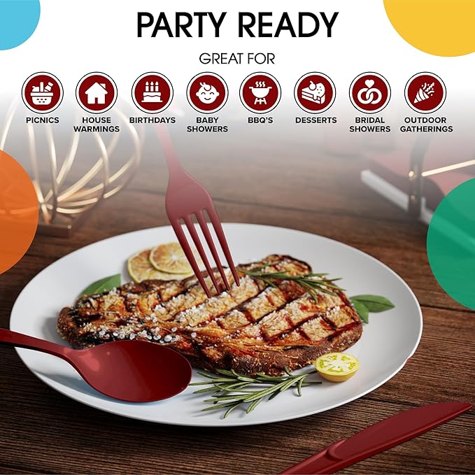 Party Solids Burgundy Plastic Silverware Heavy Duty 150 Pieces Burgundy Plastic Cutlery Sets, Utensil Sets, 50 Of Each Forks, Knives & Spoons Disposable Cutlery Set, Flatware Set For Party Supplies