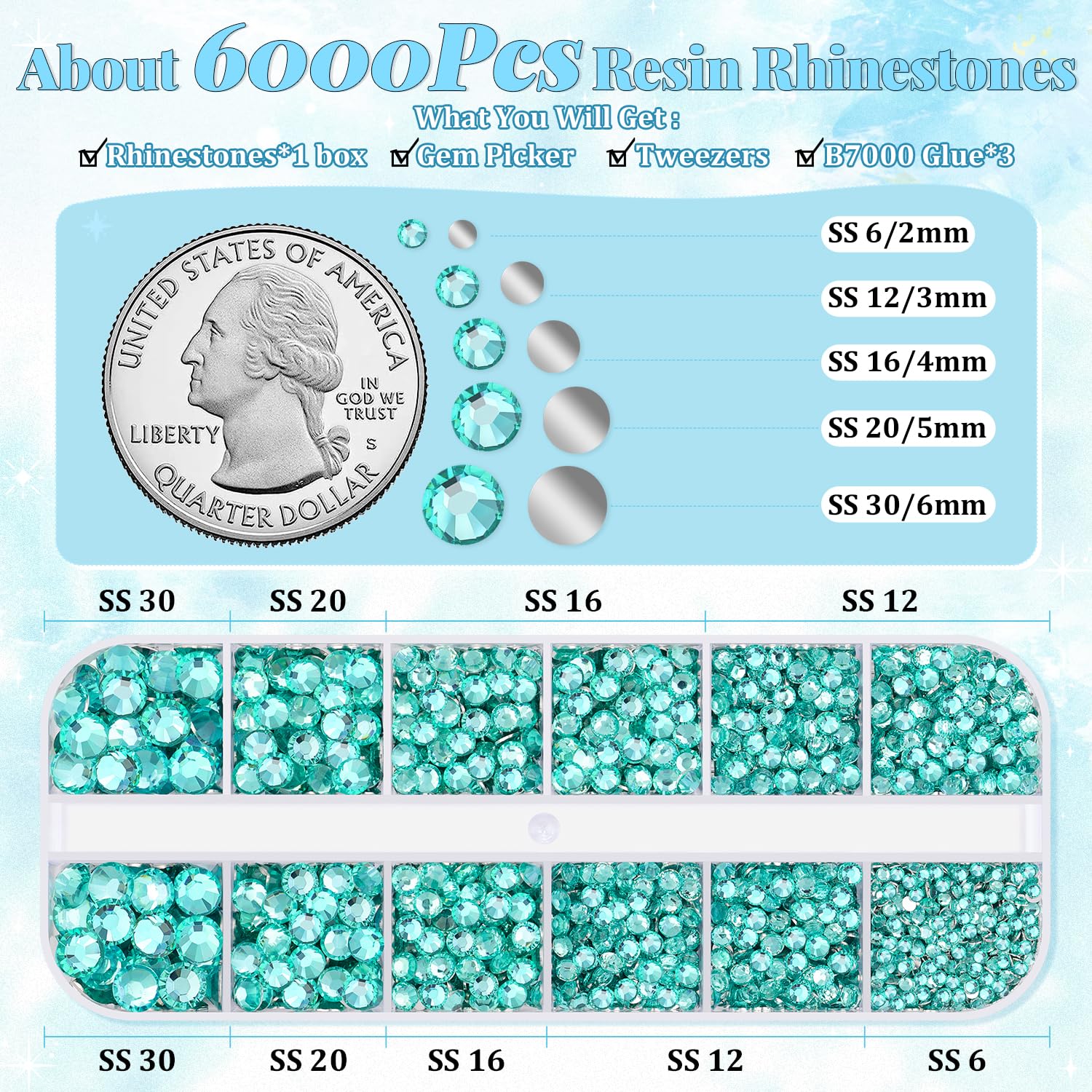 6000Pcs Resin Rhinestones for Bedazzling with 3Pcs B7000 Jewelry Glue, 1 Box Aquamarine Flatback Rhinestones for Crafting Crafts DIY, Crystals Gems for Clothing Shoes Tumblers Nail Art Makeup-BrightBean Baby