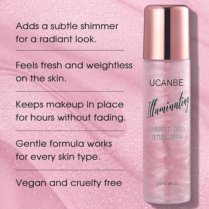 UCANBE Shimmer Dewy Setting Spray – Glowing + Makeup Setting Spray 2 in 1 Lightweight Formula for a Radiant Glow,Long-Lasting Face Mist for Face Body, 4 Fl Oz #Bubblegum-BrightBean Baby
