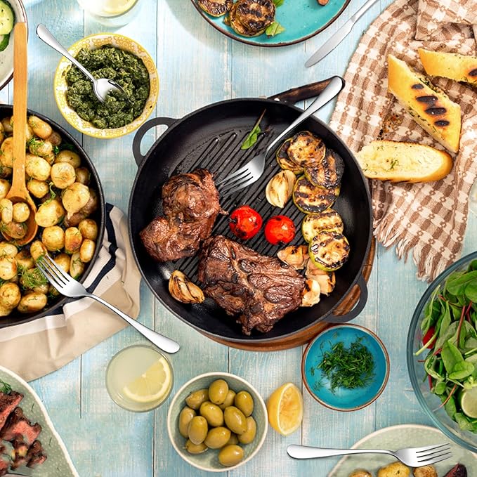 SANTUO Forks and Spoons Set, 6PCS 7.3" Salad Forks and 6PCS 7.3" Soup Spoons, Stainless Steel Silverware set of 12, Mirror Polished & Dishwasher Safe