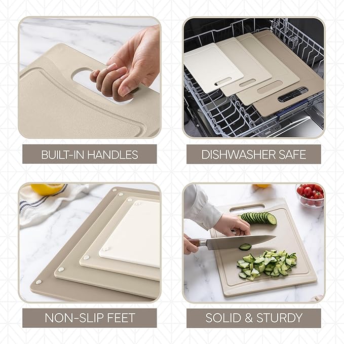 COOK WITH COLOR Non-Slip Cutting Board Set – Kitchen Essentials with Easy Grip Handle for Meat, Veggies, and Fruits, 4 Cutting Boards, Brown