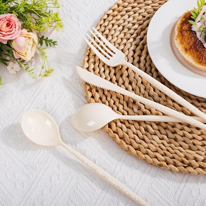 LIYH 150 Pcs Ivory Plastic Cutlery Sets - Ivory Plastic Silverware Heavyduty, Disposable Utensil Sets, 50 of Each Forks, Knives & Spoons Flatware Set for Party Birthday