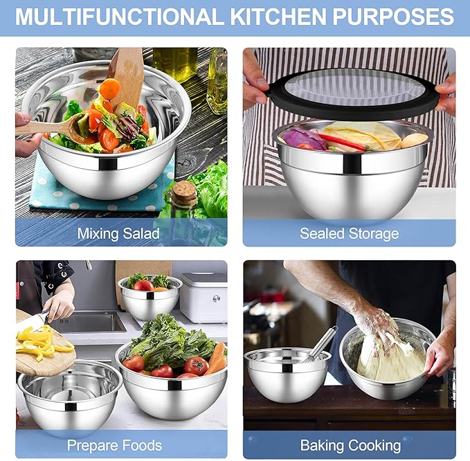 LIANYU Stainless Steel Mixing Bowls Sets of 6, Large Metal Nesting Bowl Sets for Home Kitchen, 7, 3.5, 2.5, 2, 1.5, 1QT Size with Transparent Airtight Lids, Dishwasher & Freezer Safe, Black