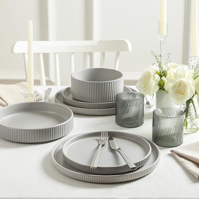 Stone Lain Haven Modern Stoneware 4 Piece Pasta Bowls Sets, Dish Set for 4, Reactive Glaze Grey