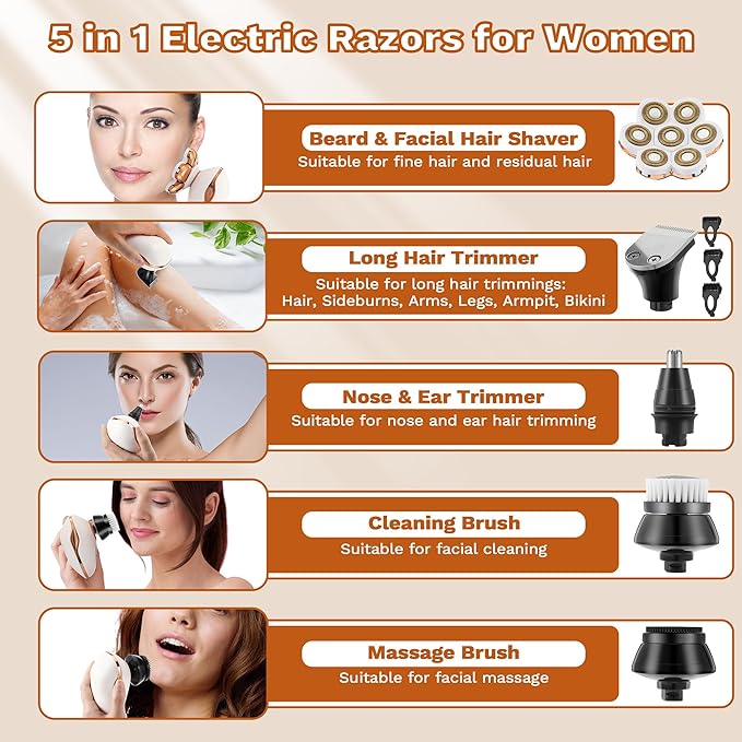 Electric Razors for Women, 7D Electric Shaver for Women, 5 in 1 Lady Shavers, Wet/Dry Bikini Trimmer, Rechargeable Facial Hair Removal, Painless Face Razor for Arms Legs Armpit Pubic Area-BrightBean Baby